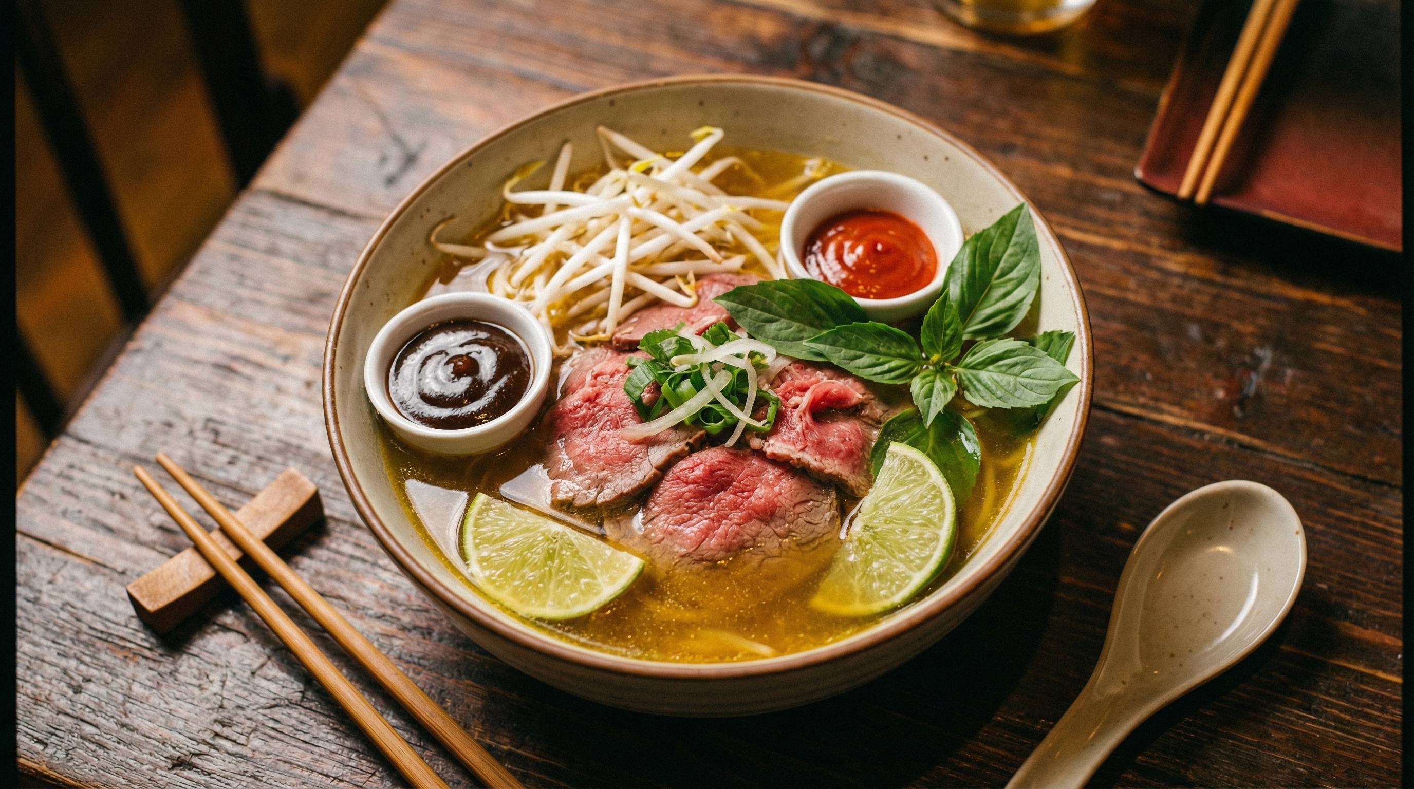 Steaming bowl of Vietnamese pho